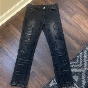 Black washed out distressed straight leg raw hem jeans size 14